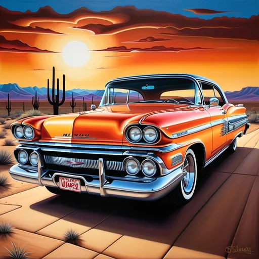 Prompt: (precise oil painting of a New Mexico Lowrider car), vibrant colors, desert landscape background, warm tones reflecting sunset, detailed car design showcasing chrome details, smooth curves, and iconic hydraulic lift system, rich textures enhancing the vehicle’s chrome finish, and atmospheric environment evoking a sense of cultural pride and nostalgia, ultra-detailed, cinematic quality.