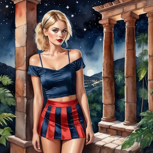 Prompt: Watercolor, gauche, mixed media, surreal. A beautiful slender 27 year old Caucasian woman, standing. legs apart, looking up at Peruvian Ruin at night from a nearby jungle, short cute blonde bangs hair headband stylish hair cut, deep blue eyes, very short flared and flirty red satin miniskirt , red-striped satin top, pale skin, skin colored tights, nighttime, stars , symmetrical face,  freckles on face and slight imperfections on skin, Bright eyes with highlights, professional lighting, highly detailed photo, full body, 