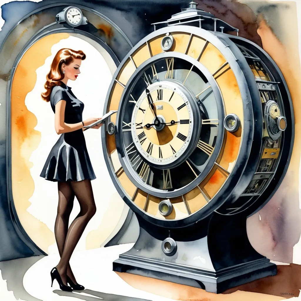 Prompt: Watercolor, gauche, mixed media, surreal. A beautiful slender 27 year old woman wearing a very short minidress and tights, examines a 1950s metal Time Machine.