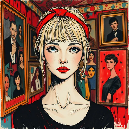 Prompt: Red and black tones. Ink drawing. Acrylic, gouache, colored pencils, watercolor, mixed media. Head and shoulders portrait, very slender pale blue eyed blonde bangs haired  female, headband. Large framed portraits by Wyeth, Whistler, Jackson Pollock, Matisse, Miro, Klimt, room with colorful walls, vibrant and cluttered, high-contrast art, 4k, detailed, frames, impressionist, modern, vibrant colors, artistic chaos, surreal lighting