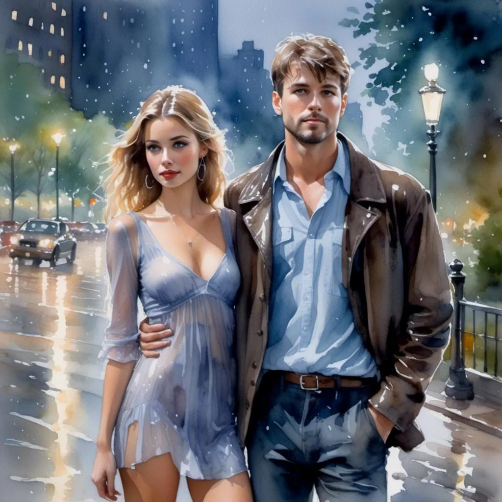 Prompt: <mymodel>(mymodel) standing in a park, wearing a translucent minidress and ankle boots, hair and clothing soaked wet with rain, headphones on, illuminated by streetlights at night, heavy rain and mist, watercolor in the style of Steve Hanks, atmospheric and moody, soft and delicate color tones, nighttime ambiance, the central park in NYC as the background, ultra-detailed, high quality, cinematic masterpiece