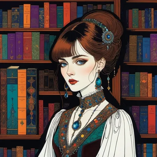 Prompt: Harry Clarke style illustration, strong colors, Surrealism, bizarre, fantastical, fantasy, a magical house, a vast Victorian library, A woman in colorful dress reads books,  25 year old, neat trim brown bangs hair with dangling eerie earrings and eerie necklace,  doctors white coat, Surreal, detailed facial features 