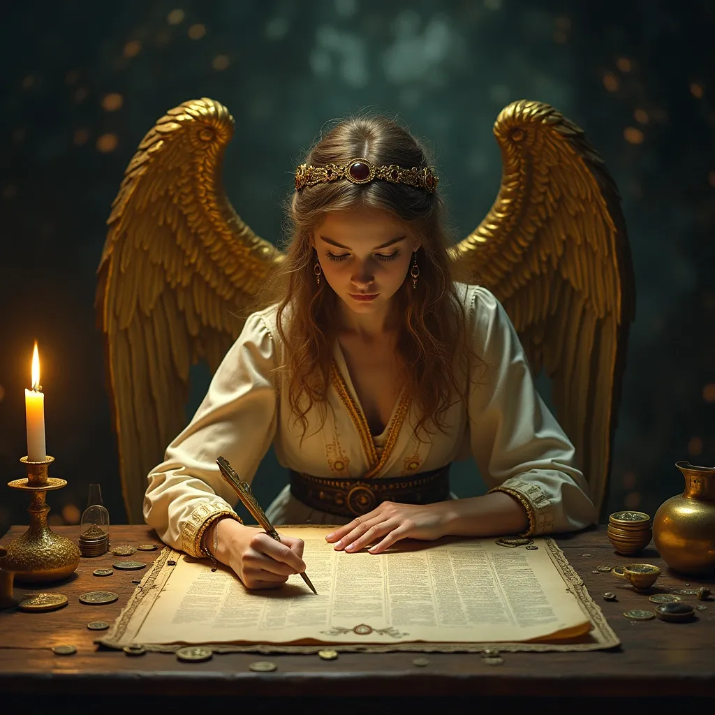 Prompt: A golden-winged figure, embodying a mystic aura, stands and leans gracefully over an aged wooden desk, a bureaucrat deeply engrossed in writing. Her intricate golden attire, adorned with ancient symbols, glimmers softly in the dim light of a solitary candle, casting flickering shadows that dance across the dark background filled with celestial elements. The serene expression on her face reflects concentration and a bureaucratic depth, as she holds a quill delicately, poised above an expansive parchment filled with text. Surrounding her, various vessels and coins share the space, hinting at a narrative steeped in mystery and ancient knowledge, all unified by a muted color palette that enhances the ethereal atmosphere of the scene.