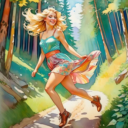 Prompt: UHD facial features, extreme action pose, mixed media artwork of an alluring, beautiful, blonde bangs blonde woman, 27, in a short colorful summer dress, pale legs, ankle boots, enthusiastic, running down a sunny forest downhill path, featuring colored pencils, color ink, watercolor, and gouache