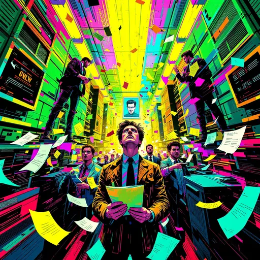 Prompt: In a vibrant, digital art scene set within a stark bureaucratic office, several individuals stand amidst towering cubicles, their expressions a blend of anxiety and uncertainty. Papers flutter chaotically around them as they clutch their documents, their eyes darting nervously. Glitch effects ripple across the screen, warping the harsh fluorescent lighting into unsettling patterns, while a bright color palette contrasts the sterile environment—deep blues, vivid greens, and striking yellows intermingling to create an unsettling sense of urgency. References to Orwell are subtly embedded in the design of the office—a looming poster of Big Brother hangs over a distant corner. The art style blends the intricate linework and bold expressions reminiscent of Milo Manara and Artgerm, with a chaotic touch reflecting Dan Mumford and Rutkowski’s styles, drawing the viewer into this disorienting, yet captivating scene.