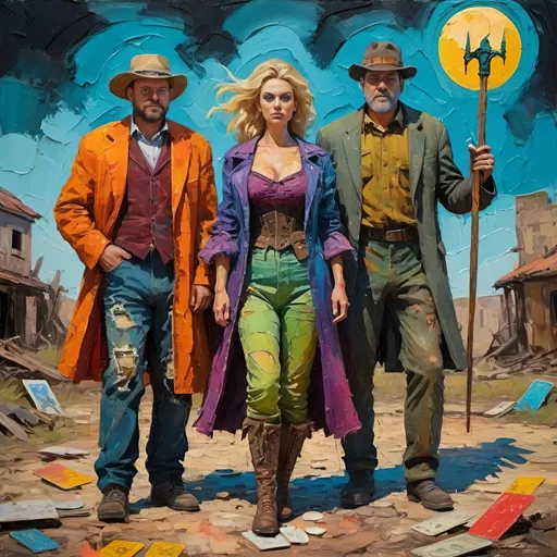 Prompt: Impressionistic thick impasto oil illustration of two men and a woman, an imposing but friendly regal trio dressed in crazy color post-apocalyptic fashion, full body shot, large palette-knife strokes, tarot card style, high quality, thick impasto, oil illustration, post-apocalyptic, detailed crazy colors, full body shot, stunning blonde woman, handsome men, ruined landscape, distressed buildings, large palette-knife strokes, tarot card style, intense, professional lighting