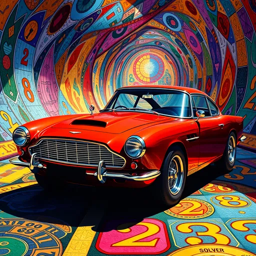 Prompt: (surrealism style), vibrant colors, (M.C. Escher-inspired) 1960s Aston-MARTIN car featuring intricate geometric patterns and mind-bending perspectives, dynamic shadows and highlights, creating an illusion of depth, captivating ambiance, (ultra-detailed), emphasizing the contrast of the corvette against the colorful and complex roadway design, whirling solver colors and gold  colors and red numbers, inviting viewers to explore.