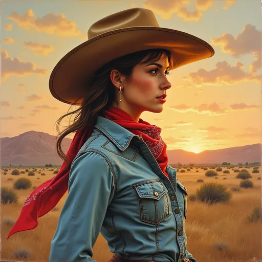 Prompt: Chalk pastel illustration, strong and confident woman in profile, wide-brimmed timeworn cowboy hat, classic Western shirt with intricate stitching, vibrant red bandana, set against a rustic Western backdrop with dusty plains and a fading sunset, soft textured strokes, vibrant pastels, warm earthy tones, evocative ambiance, ultra-detailed, masterful blending of colors.