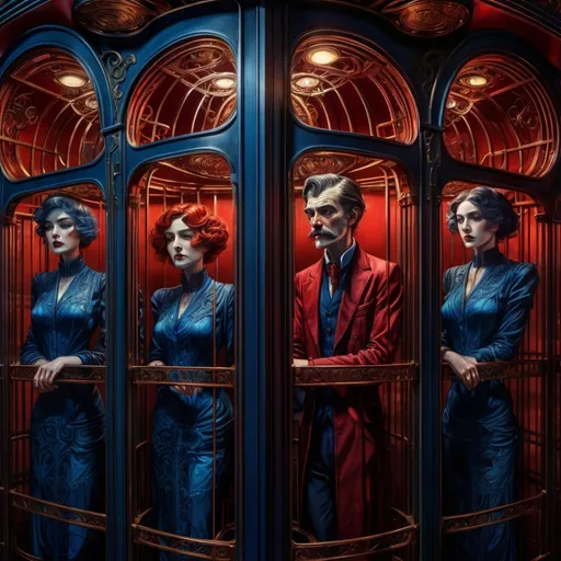 Prompt: (four people jammed into a European cage elevator), art nouveau style, expressionism, vibrant color scheme, dark red, blue, vibrant use of light and shadow, detailed facial features with intense expressions, melancholic atmosphere, intricate detailing on the elevator cage with elegant, curved lines, moody lighting creating strong contrast, ultra-detailed, high resolution, 4K quality, complex backgrounds with ornate architectural elements