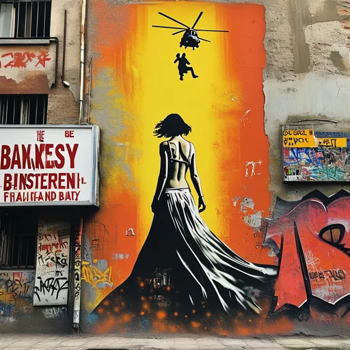 Prompt: (Banksy-inspired art), vibrant street art style, a woman in a short flowing dress dramatically falling from a helicopter, intricate details capturing her movement and motion, distressed and weathered billboard background with textured layers of paint and graffiti, an urban setting filled with dynamic energy, gritty ambiance, bright contrasting colors, high quality, ultra-detailed.