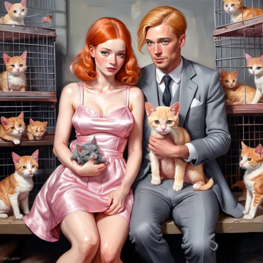 Prompt: Oil painting illustration of a blonde man in a gray suit, 30, and a redhead woman in  20s with lots of freckles, sitting in a crowded pet shelter, she wears a revealing, thigh-exposing pink satin pinafore minidress, he holds a puppy, her holding a kitten, surrounded by cages and birdcages, high-quality,