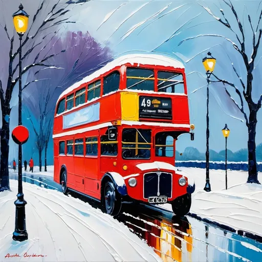 Prompt: thick impasto oil painting of a 1915 English double decker bus, thick bumpy paint strokes, snowstorm, abstract expressionism, high texture, heavy brushstrokes, winter scene, atmospheric, vibrant colors, snowy landscape, London bus, best quality, high texture, abstract expressionism, snowstorm, impasto, vibrant colors, heavy brushstrokes, winter scene, snowy landscape, atmospheric, 1915 London bus