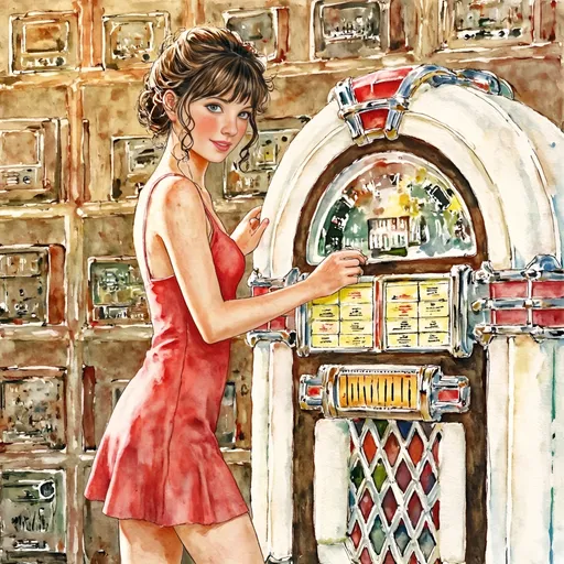 Prompt: undefined Dreamy watercolor illustration. Close-up portrait. A  blue eyed smiling 35 year old freckled brown-bangs  tangled hair perfect legs woman in a red tight fit-and-flare minidress with very slender waist stands works fixing an old waist height gigantic 1960s Traditional Juke Box. Macro shot. Whimsical beachcomber style. Soft brushstrokes brown bangs messy hair. Warm light dancing on juke box. Background with shelves full of old Bakelite radios. Golden hues on shelves. Soft, warm golden light. Best quality, highly detailed, vibrant, ethereal, serene, coastal, beachy, whimsical, dreamy, watercolor texture, impressionist.