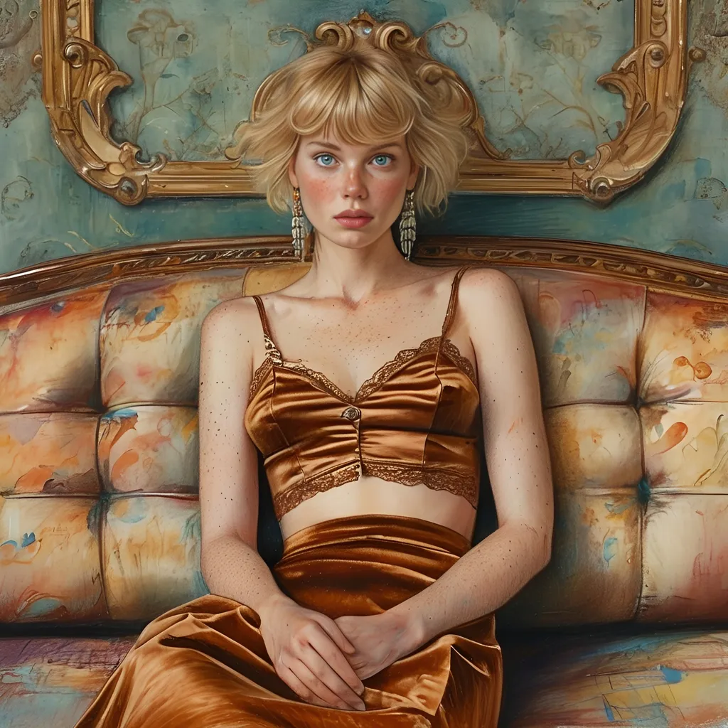 Prompt: On a couch in an ornate Victorian hotel. Colored pencils, mixed media, gouache, watercolor, ink. Pastel tones.  a solitary woman lies on a couch. Parted legs, hand between legs. Full body shot. Miniskirt.  Woman alone, no man with her. Wide eyed beautiful short blonde bangs hair with freckles. wavy hair, raw photo. Solitary Slender small-waist long legs, two bright blue eyes. She wears very tight very short copper colored satin miniskirt with high collar matching crop top, long earrings, natural textured skin, high-quality, detailed, realistic, , atmospheric lighting,  solitary woman lying on couch legs parted in miniskirt , short blonde bangs hair, leggy, mixed media, colored pencils, watercolor, gouache, ornate Victorian couch, hotel