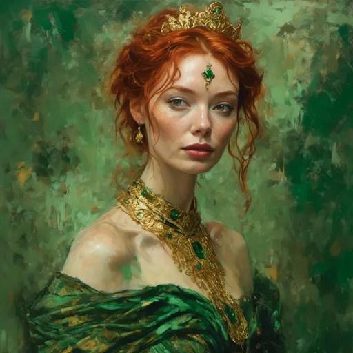 Prompt: A woman portrait in Midjourney <mymodel> style. (Full body) Eleanor Tomlinson, Irish red hair, thin narrow Irish crown, gold foil, emerald gown, green choker. Green and gold tones.