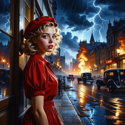 Prompt: (surrealism style mid waist portrait ), vibrant color scheme, (1941 London), shadowy streets at night, mid waist portrait of beautiful messy hair blonde woman in red dress and red beret (highly detailed facial features) outside a quaint pub, search lights streaking through a tumultuous sky, vivid explosions lighting the dark atmosphere, bombed and ruined structures surrounding the scene, (dramatic), chaotic ambiance, high contrast between shadow and colorful explosions, (ultra-detailed), evocative imagery, sense of urgency and dread.