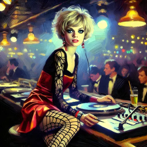 Prompt: Realistic thick impasto oil impressionism illustration of a pale Caucasian woman with short messy blonde hair, big blue eyes, full body shot, working in a nightclub disc jockey booth, red and black satin minidress, spiderweb tights, lively nightclub atmosphere, high quality, realistic impressionism, vibrant colors, detailed brushwork, nightclub setting, professional lighting