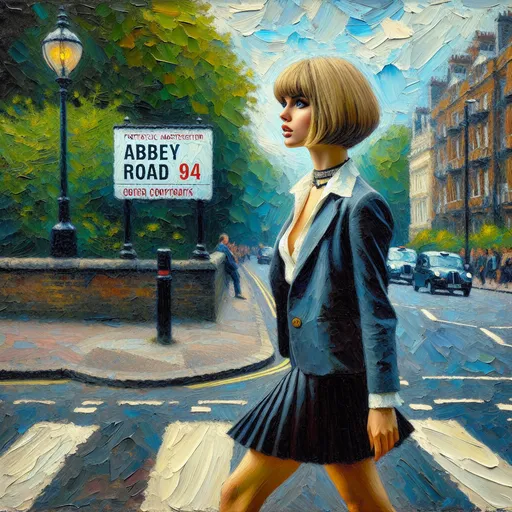 Prompt: (A fantastical thick impasto oil painting of (full body, profile angle, portrait of a blonde woman with short bangs hair),(detailed eyes and very short  skirt , ankle boots, walking across the Abbey Road crossing in London ),
((( Hyperrealistic and hyperdetailed elements, impressionistic masterpiece, vibrancy and texture, (((a sign reads A B B E Y   R  O A D ))),((((32K, 18K, digital graphics, HD, HDR, UHDR ))))   The Beatles Abbey road album cover