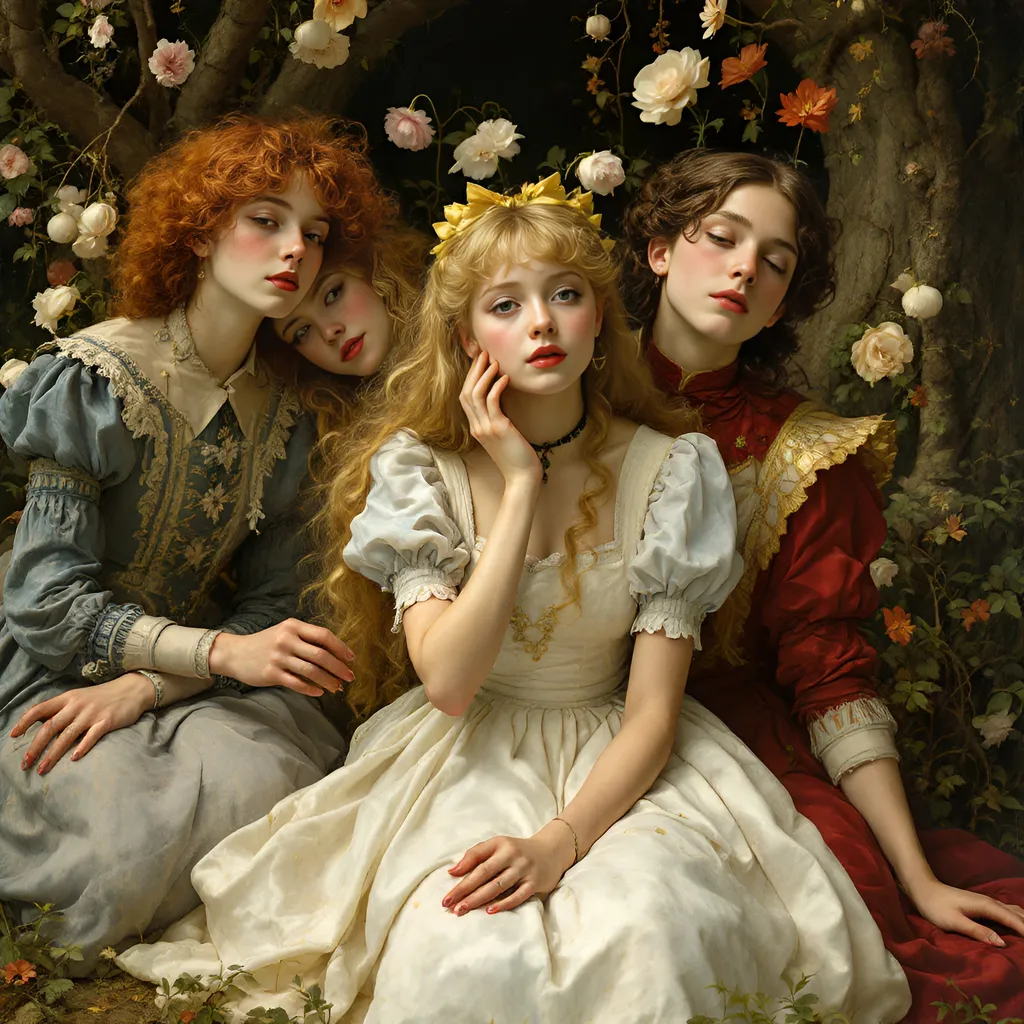 Prompt: Imagine Alice in wonderland characters as if the Pre-Raphaelite painters painted them.