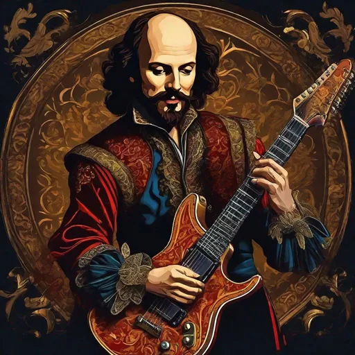 Prompt: William Shakespeare playing electric guitar, detailed facial features, 3D rendering, dramatic expression, intricate costume design, high quality, anime, historic, vibrant colors, theatrical lighting