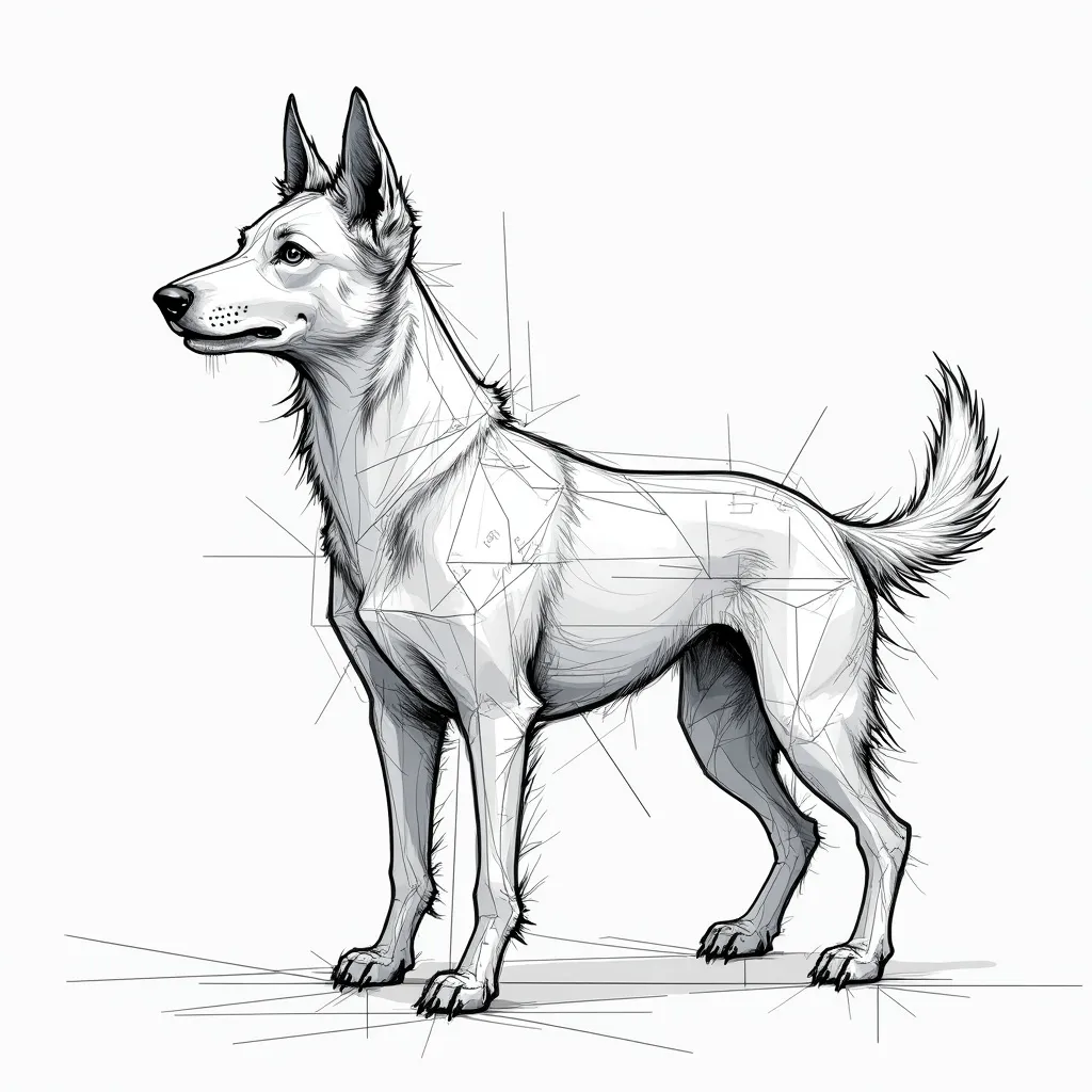 Prompt: Technical blueprint sketch of a (pointy eared border collie with no tail) , detailed line art, precise measurements, innovative design elements, various angles and components, clean layout, intricately labeled parts, minimalist style, monochromatic scheme, high-quality illustration, ideal for product conceptualization, suitable for professional presentations.