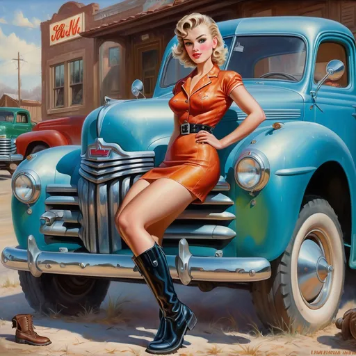 Prompt: Vintage American truck, 28-year-old woman in a short minidress and boots, James Avati style, detailed facial features, high-res, oil painting, retro, old-fashioned, vibrant colors, strong lighting, detailed figure, vintage fashion, 1950s, professional artwork