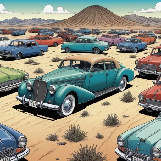 Prompt: Junji Ito manga style, start position for vintage cars ( different colors and makes and models) vintage automobile, set in the Mexican desert, manga scene.