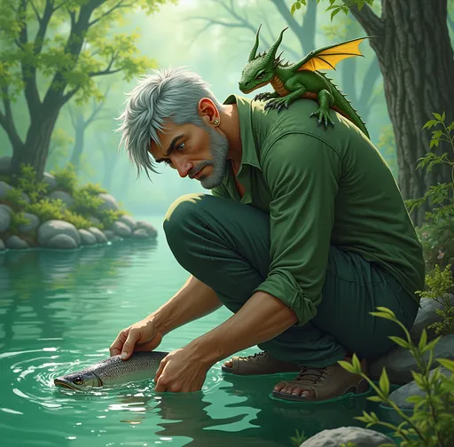 Prompt: (fantasy art) A green eyed 55 year old rugged Caucasian man hunched over catching ( in a green river) a fish. Action movement. He has short (vibrant gray and silver hair), artfully showcasing (tiny baby dragon ) perched on his  shoulders, intricately detailed. Inspired by (Artgerm and Yukito Kishiro) styles, the image exudes a mystical ambiance with (highly detailed) elements, surrounded by a dreamlike, ethereal river and forest background that enhances the enchanting scene, ultra-detailed and breathtaking.