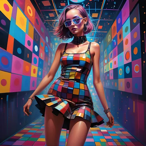 Prompt: a full length, full body, painting of a woman in a flared minidress dancing at a nightclub (she can be seen with colorful squares around her face and eyes, with a colorful background of squares and dots) style Android Jones, analytical art, highly detailed digital painting, cyberpunk art