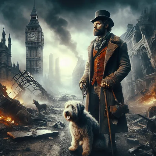 Prompt: <mymodel>Apocalyptic scene of a  survivor in Victorian clothing, and his dog, London landmarks destroyed, smoke and fire, detailed facial features, oil painting, desolate atmosphere, high quality, realistic, Victorian, post-apocalyptic, detailed clothing, smoky ambiance, destroyed landmarks, dramatic lighting, atmospheric, intense emotions, dynamic composition