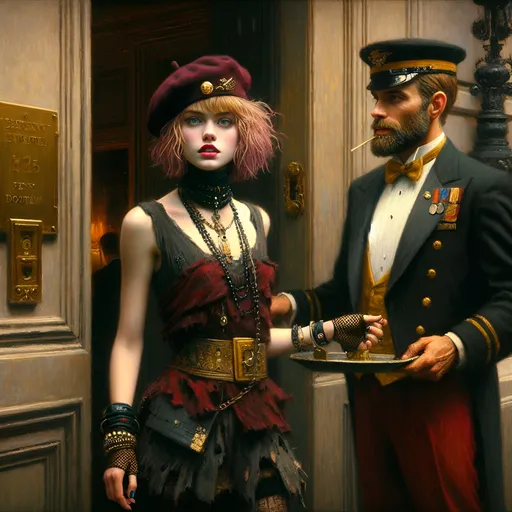 Prompt: A slender bearded fancy dressed doorman in uniform opens an entrance door for a female debutante (debutante is a pretty,  small breasted, slender Caucasian messy short pink-red bangs hair, blue eyes, dark beret with gold pin woman, 25, lots of bracelets and necklaces, ragged dark red and gold minidress) in front of a fancy NYC apartment building ,  oil painting, desolate surroundings, gritty noir realism in the style of Robert Maguire , dark and somber tones, dramatic lighting, ultra-detailed, emotive, expressive faces, noir reflective lighting, oil painting, desolate, gritty, dramatic lighting, somber tones, expressive faces