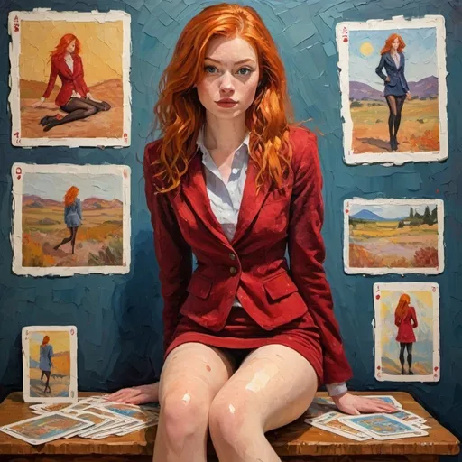 Prompt: Impressionistic thick impasto oil illustration of a stunning 22-year-old ginger-haired woman, full body shot, emphasis on legs and tights, red corduroy skirt suit, large palette-knife strokes, tarot card style