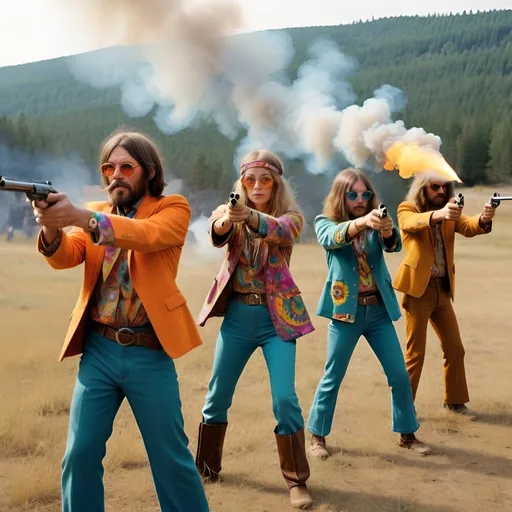 Prompt: Pulp style, colorfully dressed hippies firing guns at a fire range