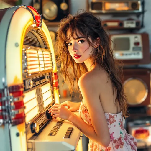 Prompt: undefined Dreamy watercolor illustration. Close-up portrait. A 35 year old freckled brown-bangs  tangled hair perfect legs woman in a minidress and bathing suit top stands works fixing an old waist height gigantic 1960s Traditional Juke Box. Macro shot. Whimsical beachcomber style. Soft brushstrokes brown bangs messy hair. Warm light dancing on juke box. Background with shelves full of old Bakelite radios. Golden hues on shelves. Soft, warm golden light. Best quality, highly detailed, vibrant, ethereal, serene, coastal, beachy, whimsical, dreamy, watercolor texture, impressionist.