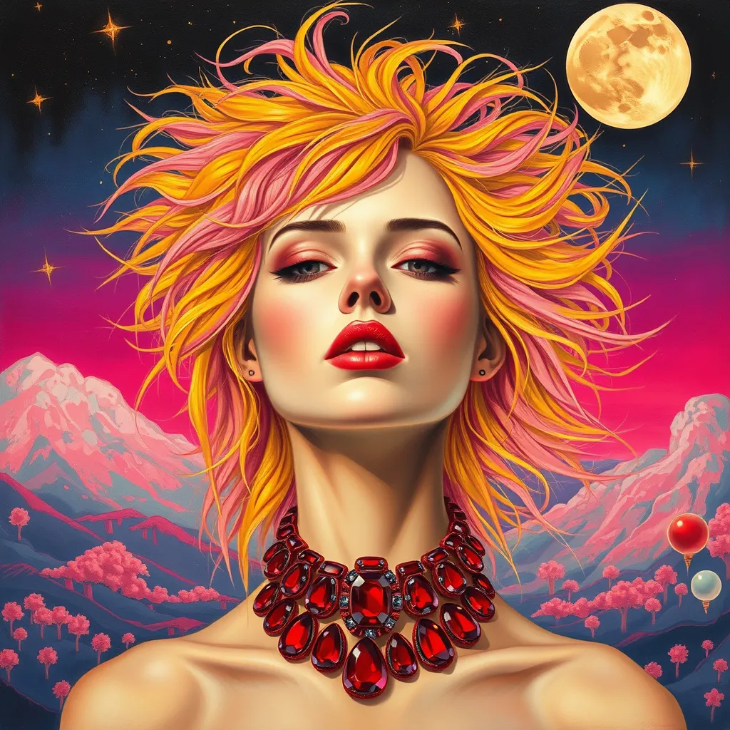 Prompt: a painting of a woman with messy wild yellow hair and pink hair, wearing a huge ruby necklace, m. C. Esher surreal designed moon and stars, triadic colors pink yellow red tones, background and a night sky, Charlie Bowater, figurative art, stanley artgerm lau, a fine art painting