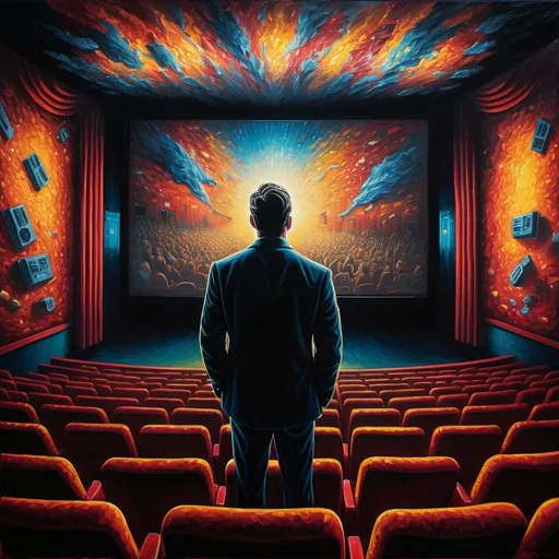 Prompt: (thick impasto oil painting), wide angle, (man in dark movie theater, face illuminated by vibrant movie screen), surrealism style, dynamic lighting, rich textures, deep shadows, striking contrasts, dreamlike atmosphere, emotional intensity, vivid colors intertwining, immersive scene, intricate details, artistic expression, high quality, ultra-detailed.