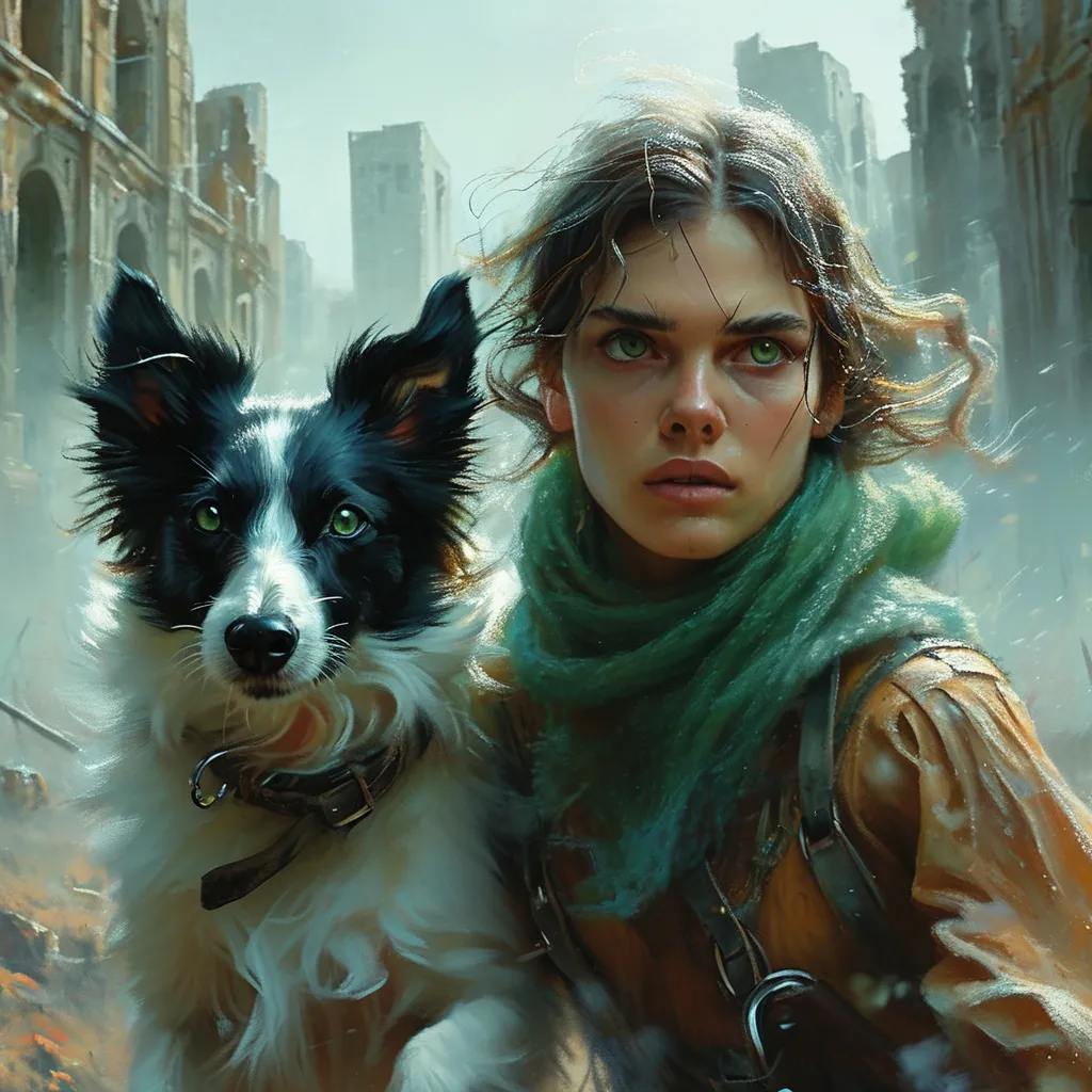 Prompt: Surreal pastel portrait, (ethereal atmosphere), Caucasian blue eyed man and green eyed woman woman running with their black and white pointy-eared border collie, they carry hunting knives, post-apocalyptic battleground, soft pastel colors, misty and surreal lighting, slightly glowing hues, sense of urgency and determination, ruins and broken structures in the background, high detail and ultra-detailed, 4K realism, cinematic depth, high contrast between characters and background, floating particulate matter, dramatic composition.