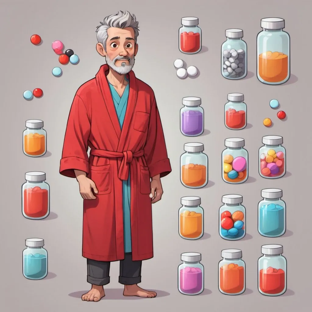 Prompt: Character design sheet brown eyed man with short gray hair and trimmed beard red bathrobe with colorful pills in various shapes and colors.