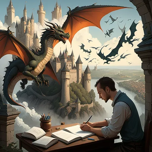 Prompt: a man (seen in foreground) is writing in a notebook  with a dragon flying over him in background and a castle in the background with a lot of flying birds, Andrew Ferez, fantasy art, fantasy artwork, a storybook illustration