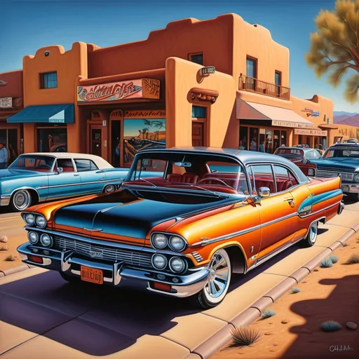 Prompt: (precise oil painting of a several New Mexico Lowrider cars driving along Santa Fe street ), vibrant colors, desert landscape background, warm tones reflecting sunset, detailed car design showcasing chrome details, smooth curves, and iconic hydraulic lift system, rich textures enhancing the vehicle’s chrome finish, and atmospheric environment evoking a sense of cultural pride and nostalgia, ultra-detailed, cinematic quality.