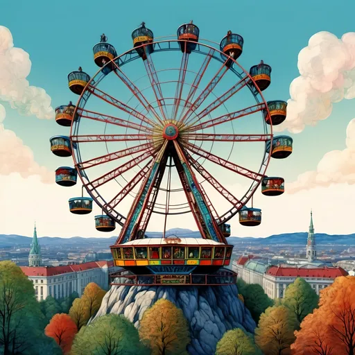 Prompt: Surrealistic, fantastical mystery mystic mythic illustration of a man riding atop a huge Ferris wheel gondola such is found in Vienna, Prater gardens, UHD facial features, Arthur Rackham style, vibrant colored triadic inks, bizarre, fantasy, Ferris wheel seen in full, aerial perspective, Vienna skyline