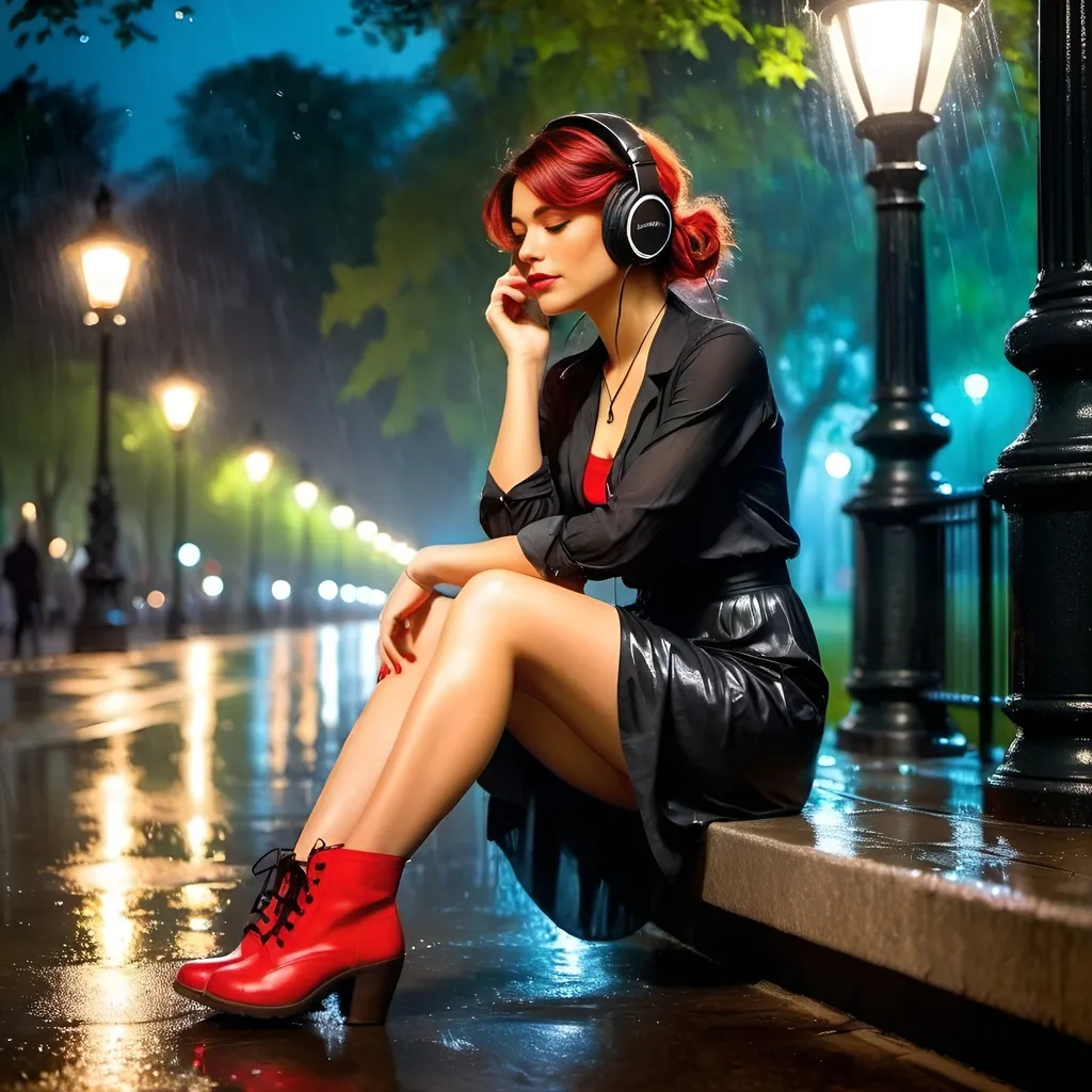 Prompt: <mymodel> sitting in park with headphones on. Tight black skirt, red ankle boots, shirt soaked wet with rain. Illuminated by streetlights. Night. Rain. Mist.