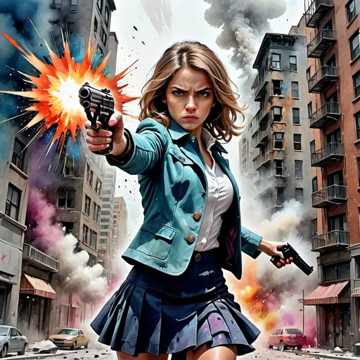 Prompt: (woman holding a gun, pointing at viewer), (illustration), (high resolution), city buildings in the background, dynamic low angle shot, ultra-detailed explosion erupting from gun barrel, vibrant watercolor and gouache techniques, colorful inks burst in action, intense atmosphere, striking contrast between the character’s attire—a buttoned jacket and skirt—against the explosive backdrop, capturing a moment of tension and drama.