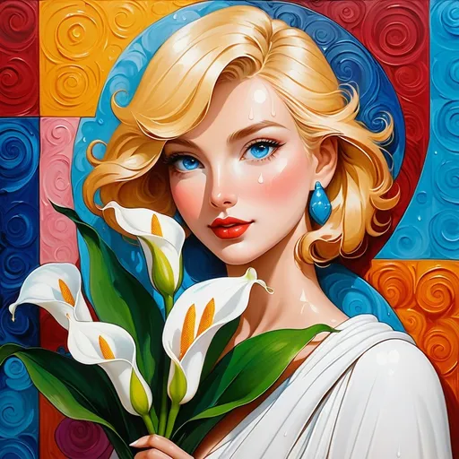 Prompt: <mymodel>Pop art painting of an blue eyed adventurous blonde lady holding a bouquet of calla lily flowers at a Buddhist temple, statue of Buddha, high definition, partial profile, looking up, strong colors, dripping paint, checkerboard background 
, vibrant, detailed, retro, dynamic lighting