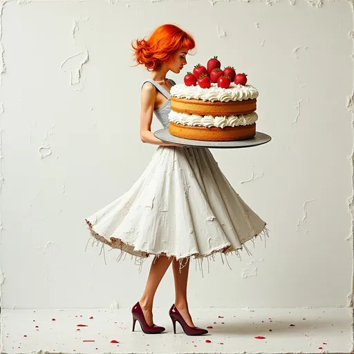 Prompt: "intense abstract single medium length reddish-back hair woman in torn white pinafore dress and heels, holding a huge oversized cake on a cake dish . A breathtaking tactile texture impasto painting with rough, smooth, bumpy and scratchy surface of an abstract amateur