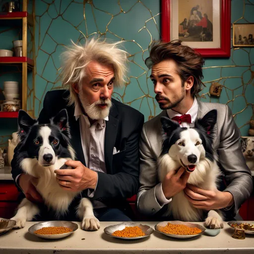 Prompt: <mymodel>attractive man and border collie, both grumpy,  react angrily to their bowls of kibbles. Diner. Counter.