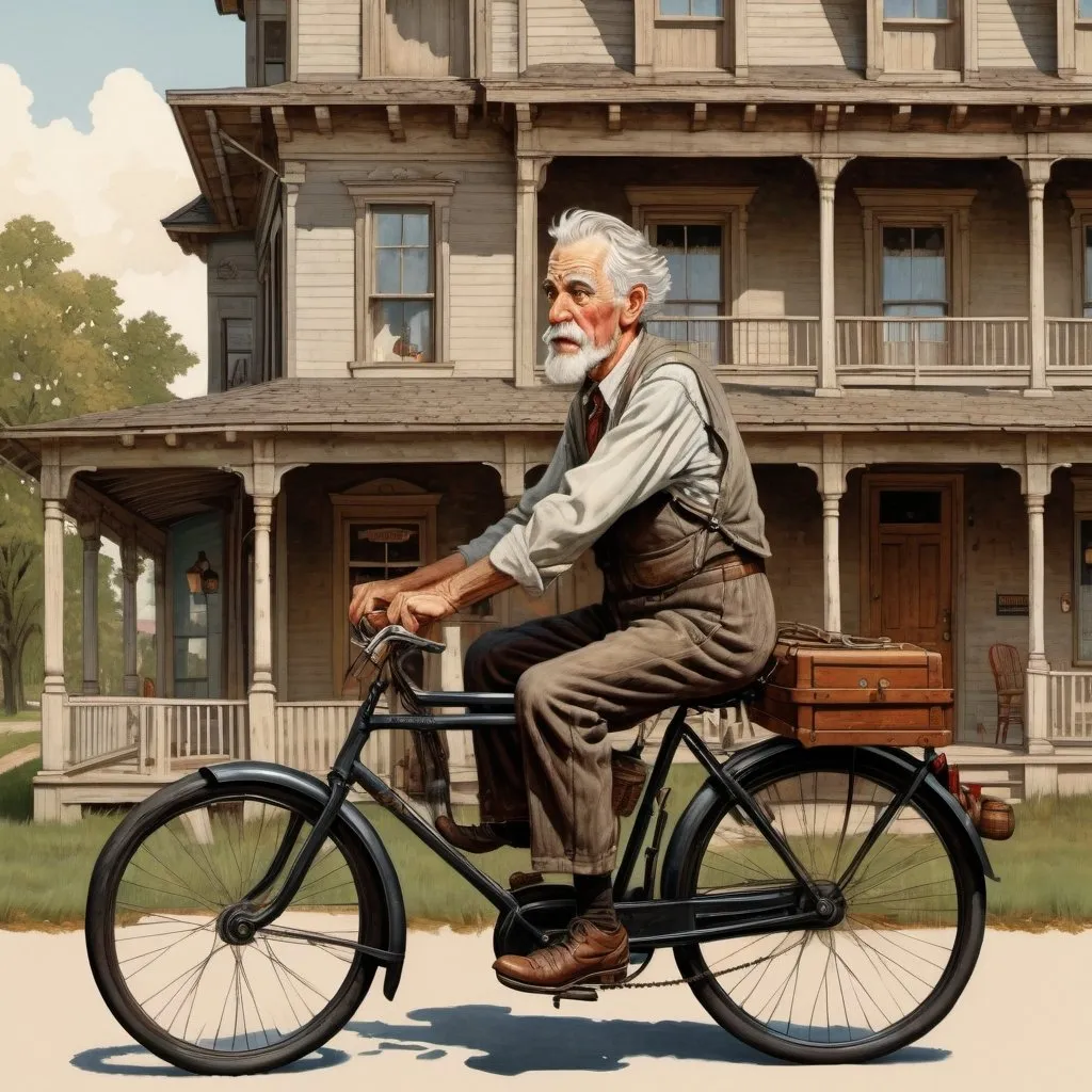 Prompt: Norman Rockwell style. Midwestern rural 19th century wooden hotel, 70 year old man with gray hair rides bicycle.  HD detailed facial features, detailed eyes, detailed bicycle. rural street, vintage atmosphere, detailed wooden architecture, serene countryside setting, high quality, vintage illustration, warm tones, nostalgic lighting