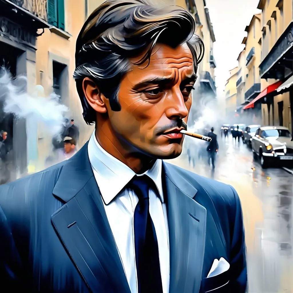 Prompt: intense emotions, impressionism, visible strokes, thick impasto, rough edges, muted colors, pastel tones, French bar, intense hybrid Alain delon face mixed with belmondo face, in suit, wary, suspicion, cigarette smoke, intense emotions, rough brushwork, french urban setting, textured surface, professional, highres, pastel colors, emotional, expressive, impressionist style, textured brushwork, thick paint application, detailed faces