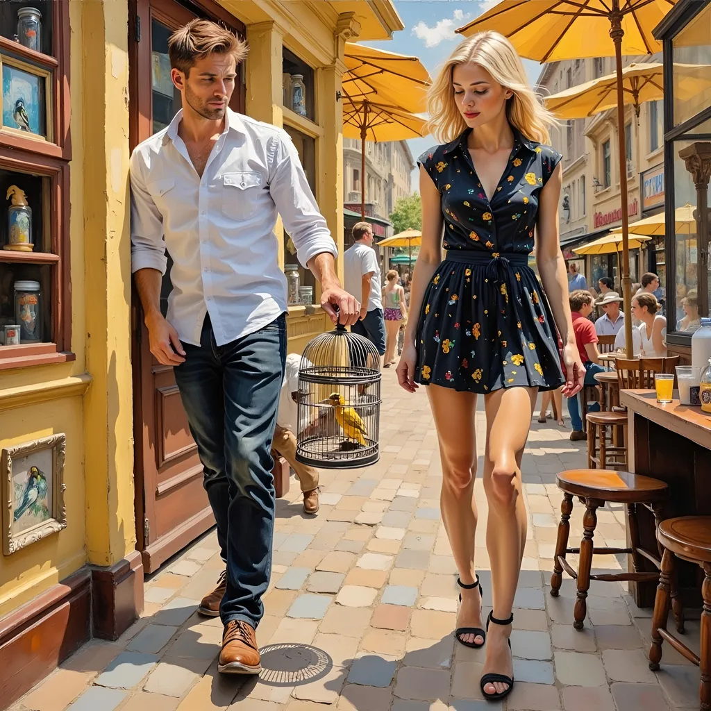 Prompt: "Full length full body thick impasto oil painting of two people by Robert Maguire , a shy man following a 25 year old blonde flirting woman in a short dress carrying a canary in a cage.