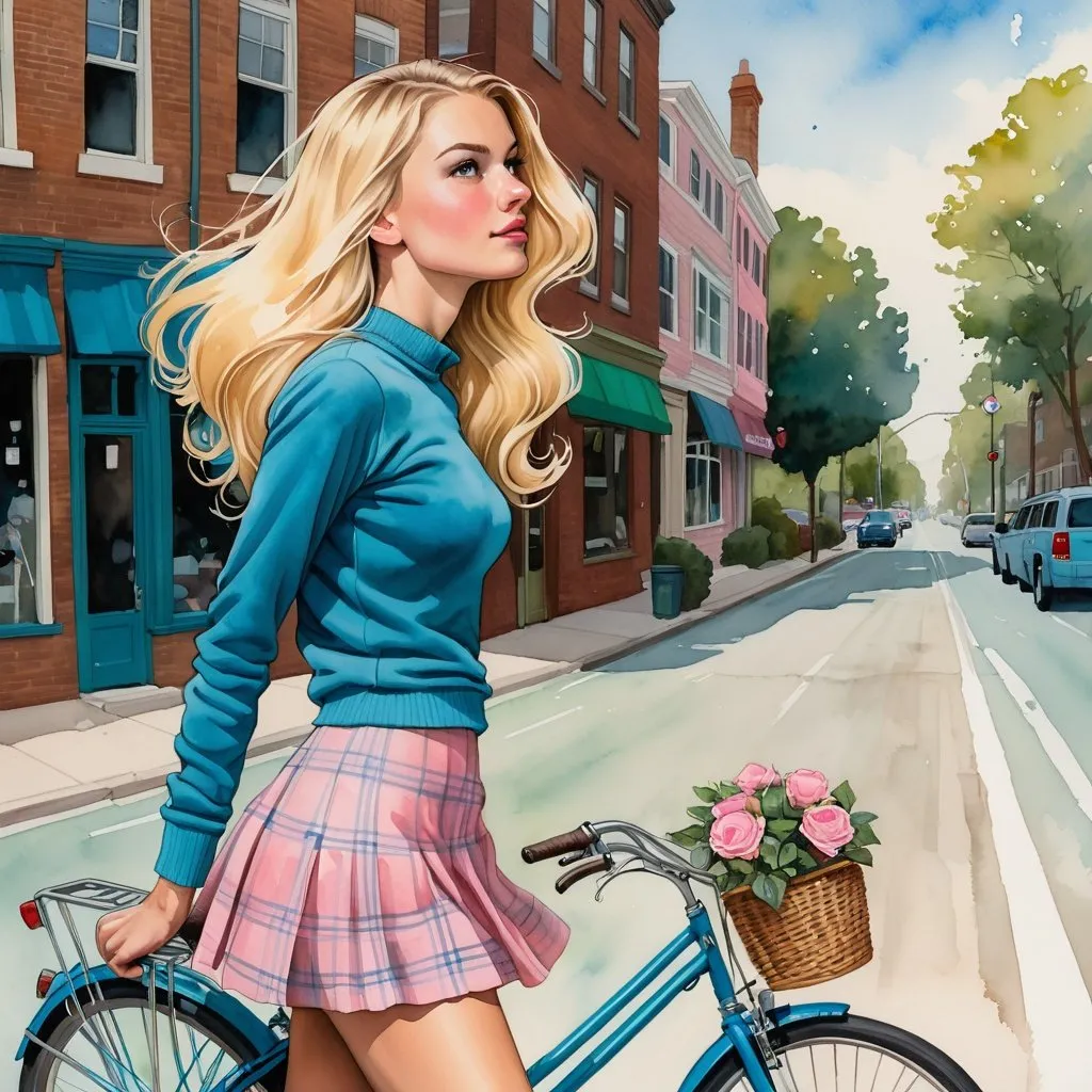 Prompt: Blue and gold inks, cartoony Stan Lee style profile portrait of a slender 25 year old adult English woman looking up, watercolor, gouache, acrylic, ink, walking her bicycle across a street, long straight blonde hair, detailed facial features, midriff, plaid skirt, pastel pink sweater, natural and soft lighting, high quality, detailed facial features, slender build, English woman, bicycle, detailed clothing, natural lighting